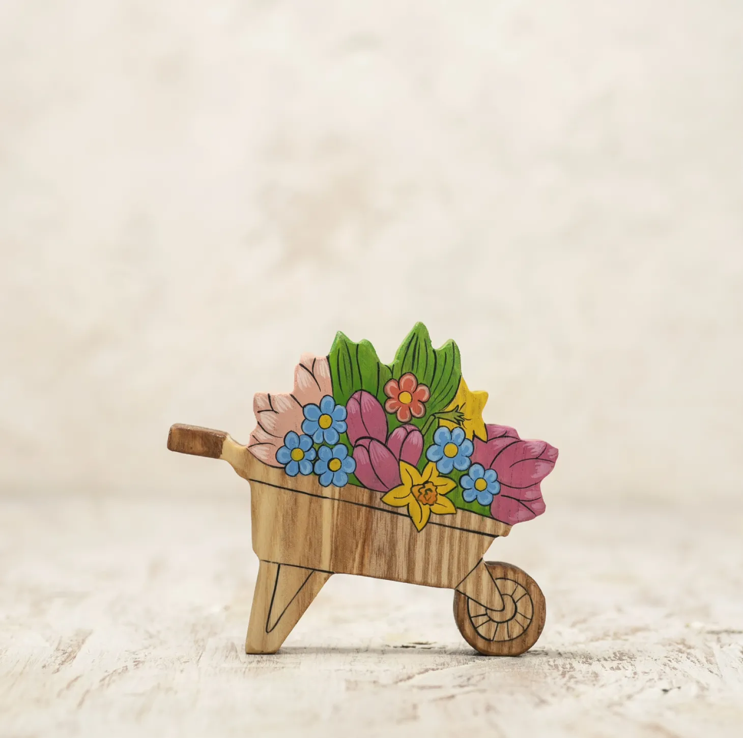 Wheelbarrow with Spring Flowers | Wooden Toy Figurine